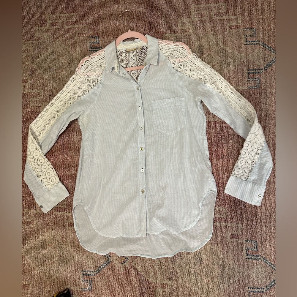 Holding Horses long sleeve striped button down cotton crochet detail size med